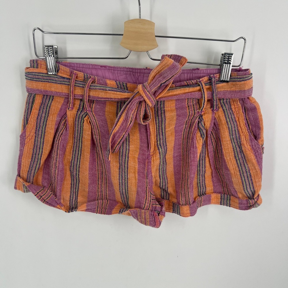 Free People Size 2 Striped Cotton Tie Waist Shorts Orange Purple Boho Summer